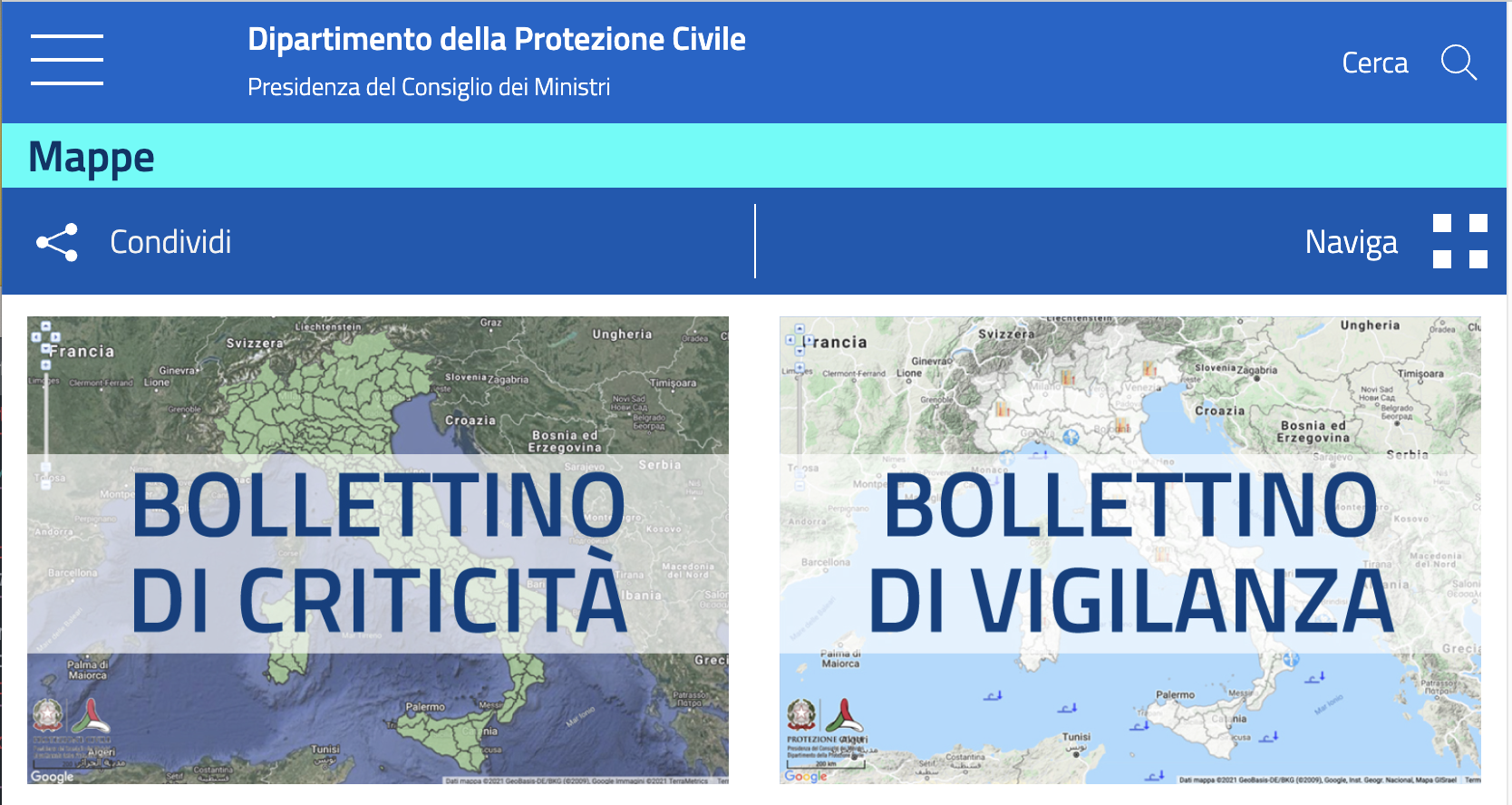 MapLite per i Bollettini di Criticità e di Vigilanza del DPC